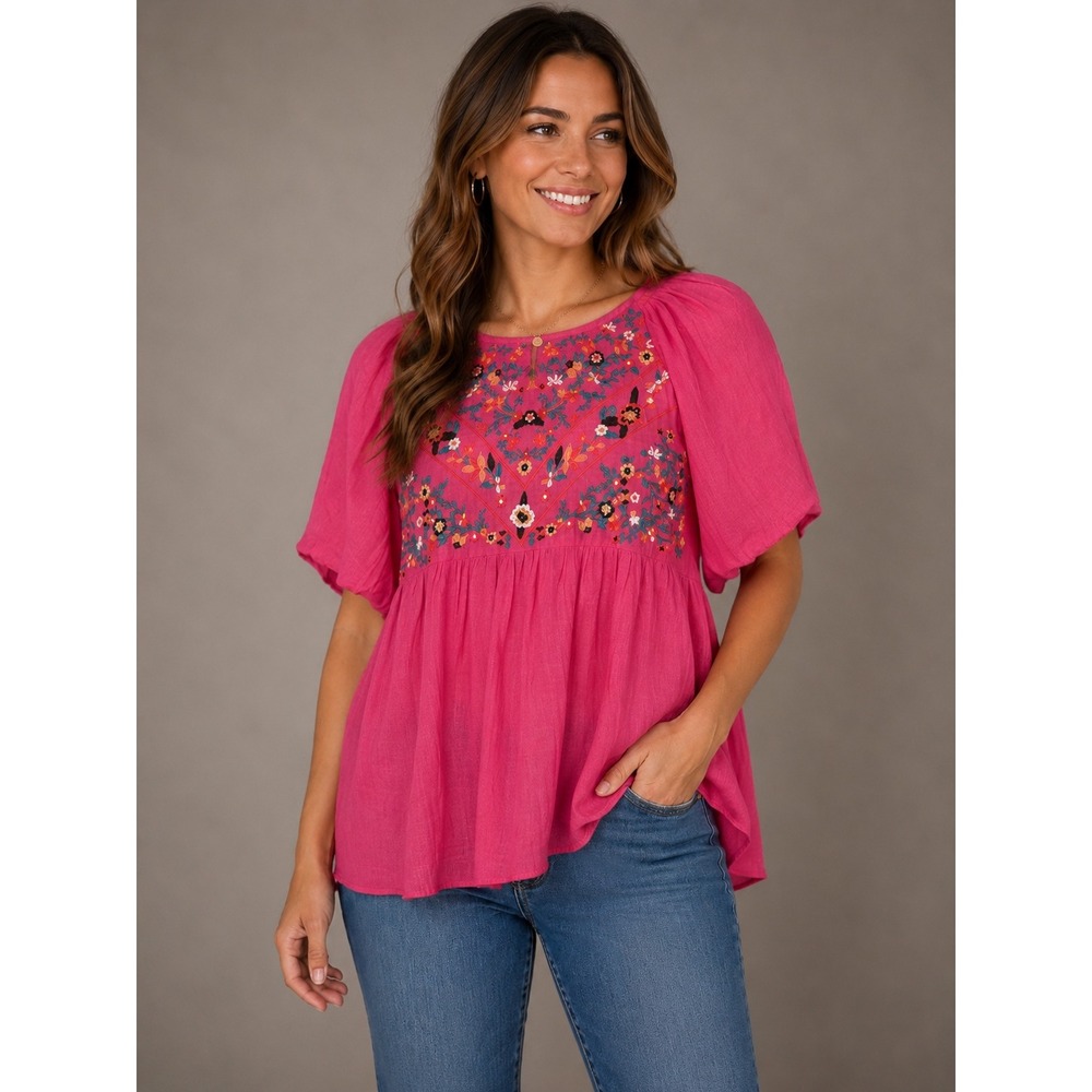 Umgee Embroidered Boho Babydoll Top Pink Floral Puff‎ Sleeve Cottagecore
